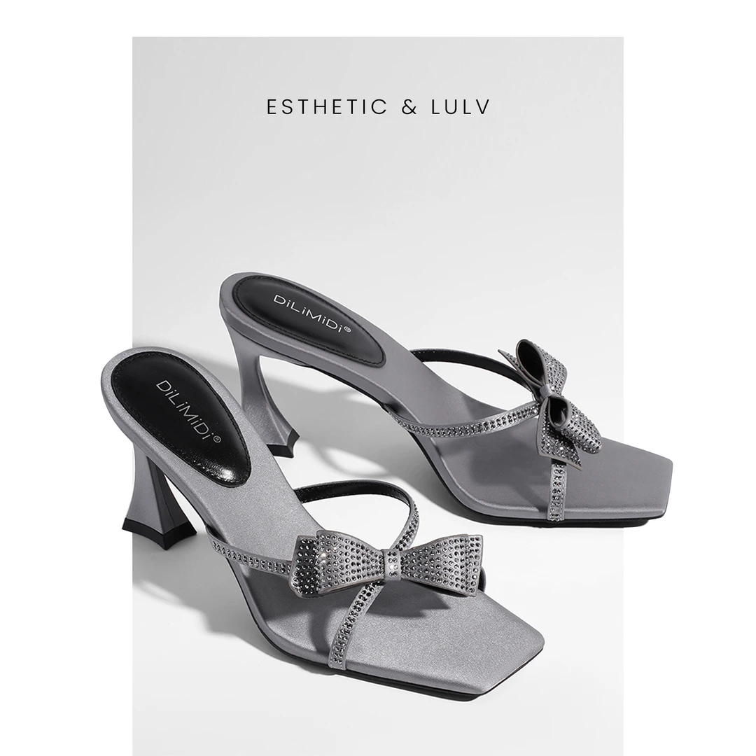 法式温柔配裙子高跟凉鞋蝴蝶结方头拖鞋淑女鞋粉色高跟鞋女夏粗跟