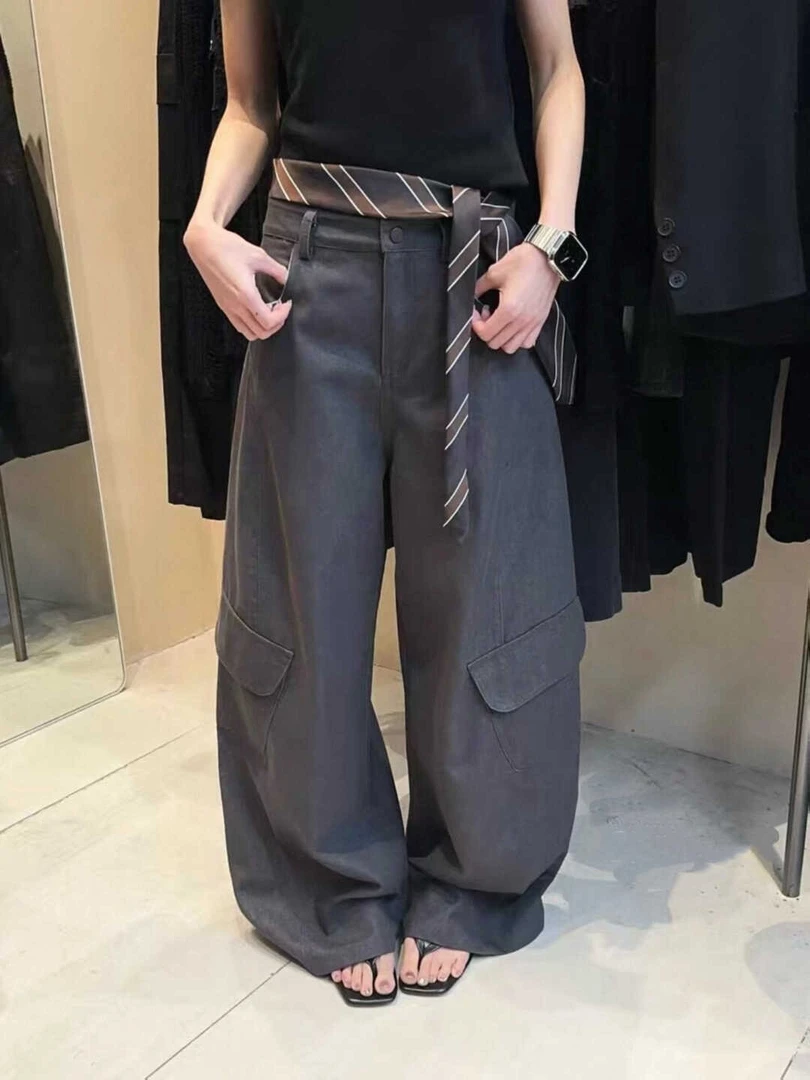 韩版大口袋工装裤女2025秋季新款显瘦休闲阔腿裤宽松弯刀工装长裤