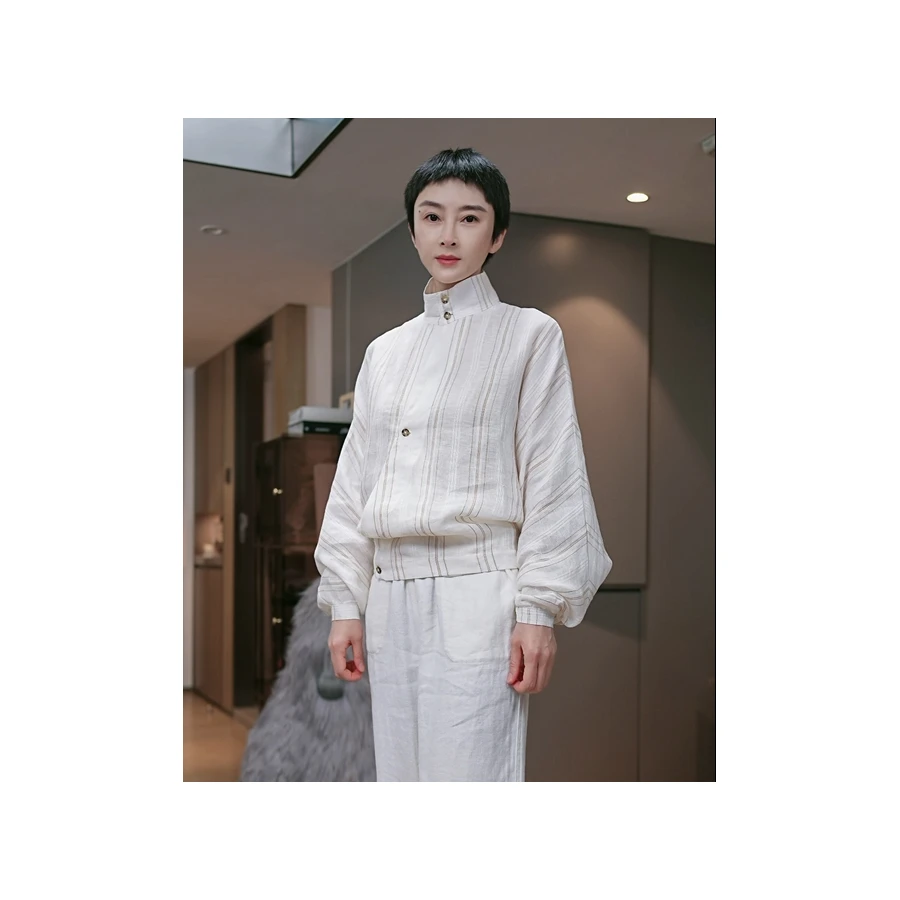 『100亚麻衬衫』女士高档气质立领斜襟衬衣简约舒适高端女装GD5815