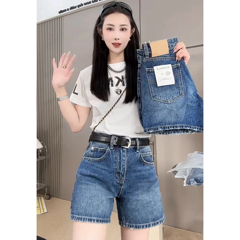 高腰辣妹街头性感深蓝色a字热裤2025新款夏天清凉设计感阔腿热裤