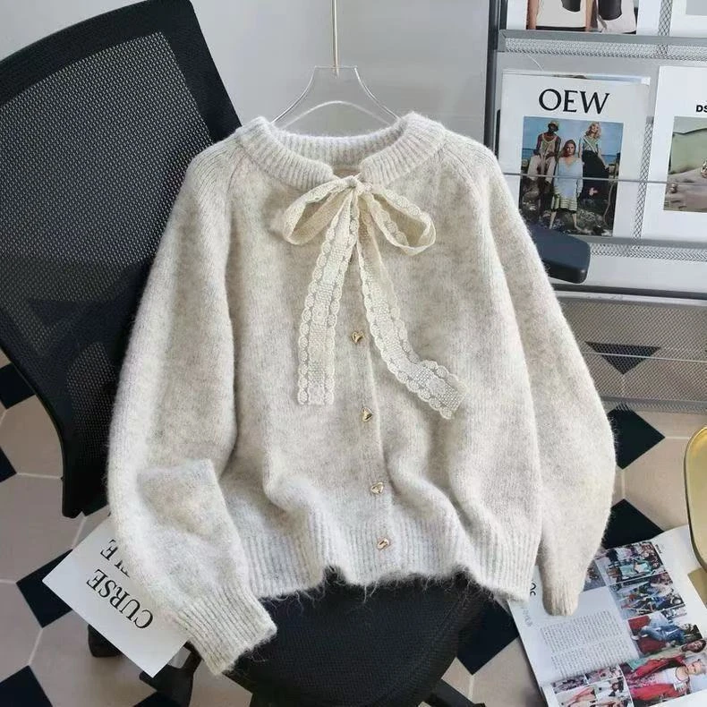 设计感气质系带蝴蝶结V领针织混纺毛衣开衫洋气减龄秋季针织衫女