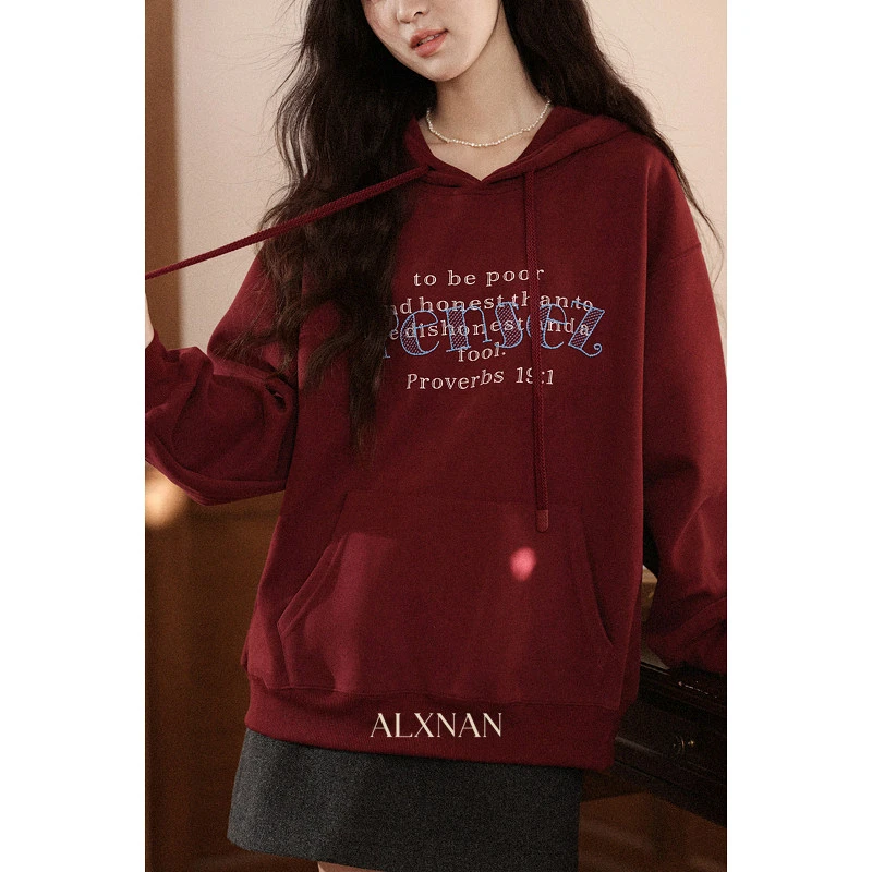 【品牌撤柜款ZB】复古红色字母印花连帽卫衣女宽松慵懒外套L58086