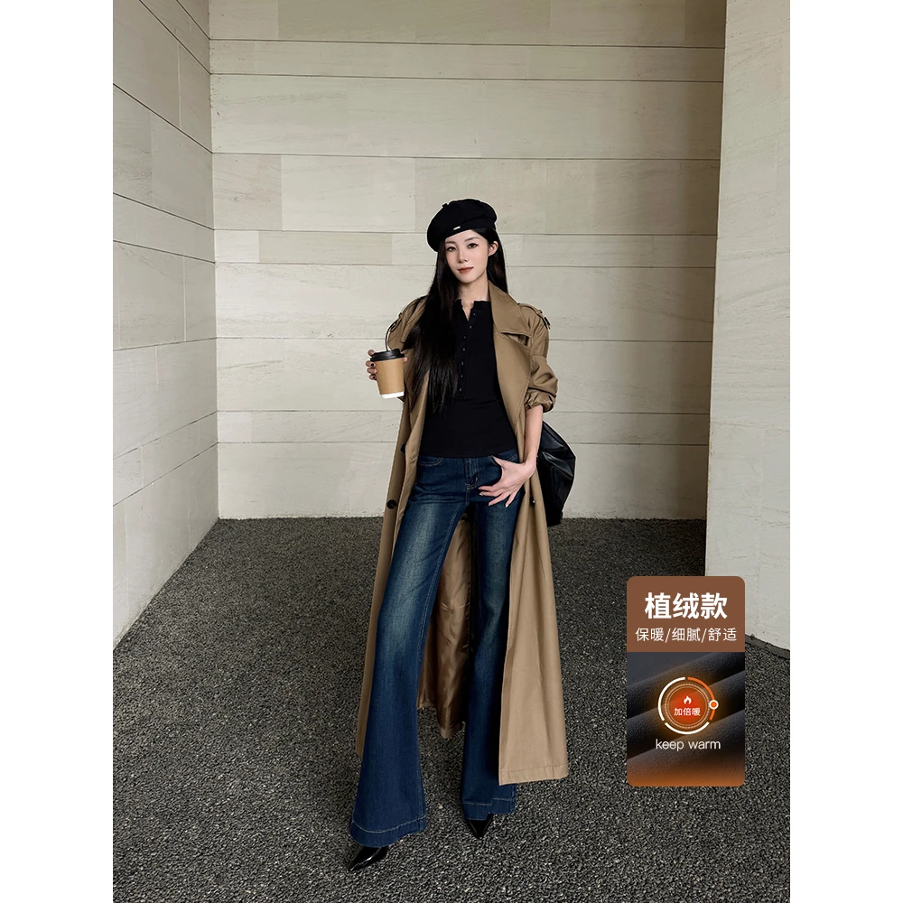 IFMR2025冬季加绒新款蓝灰色低腰微喇叭牛仔裤女修身拖地喇叭裤子