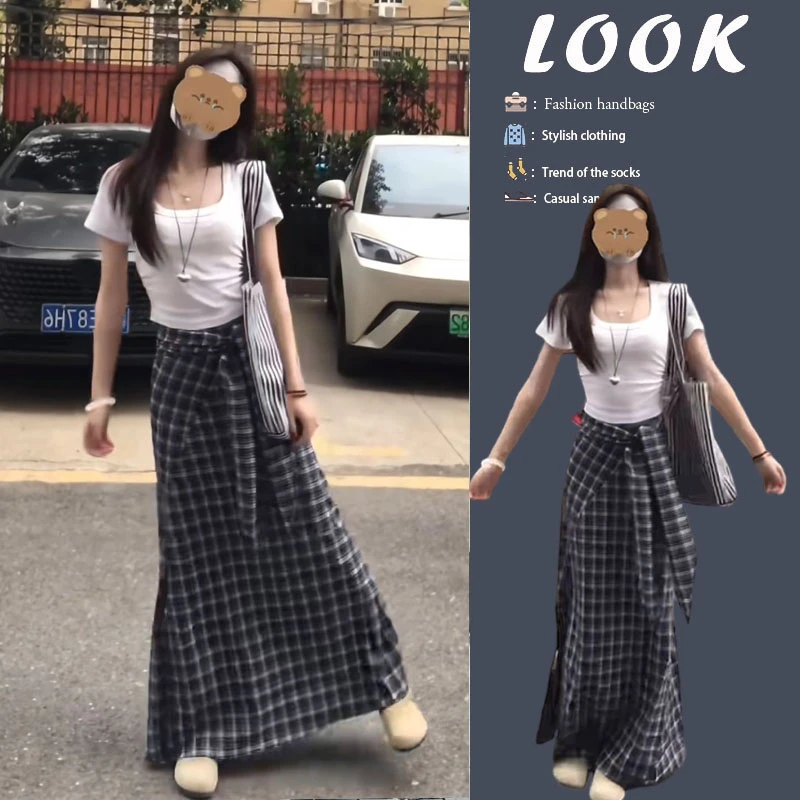夏季穿搭一整套2025新款韩版修身短袖上衣绑带格子半身裙两件套装