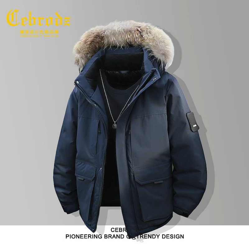 法国Cebrodz冬季中长款连帽羽绒服简约休闲中老年爸爸保暖男外套