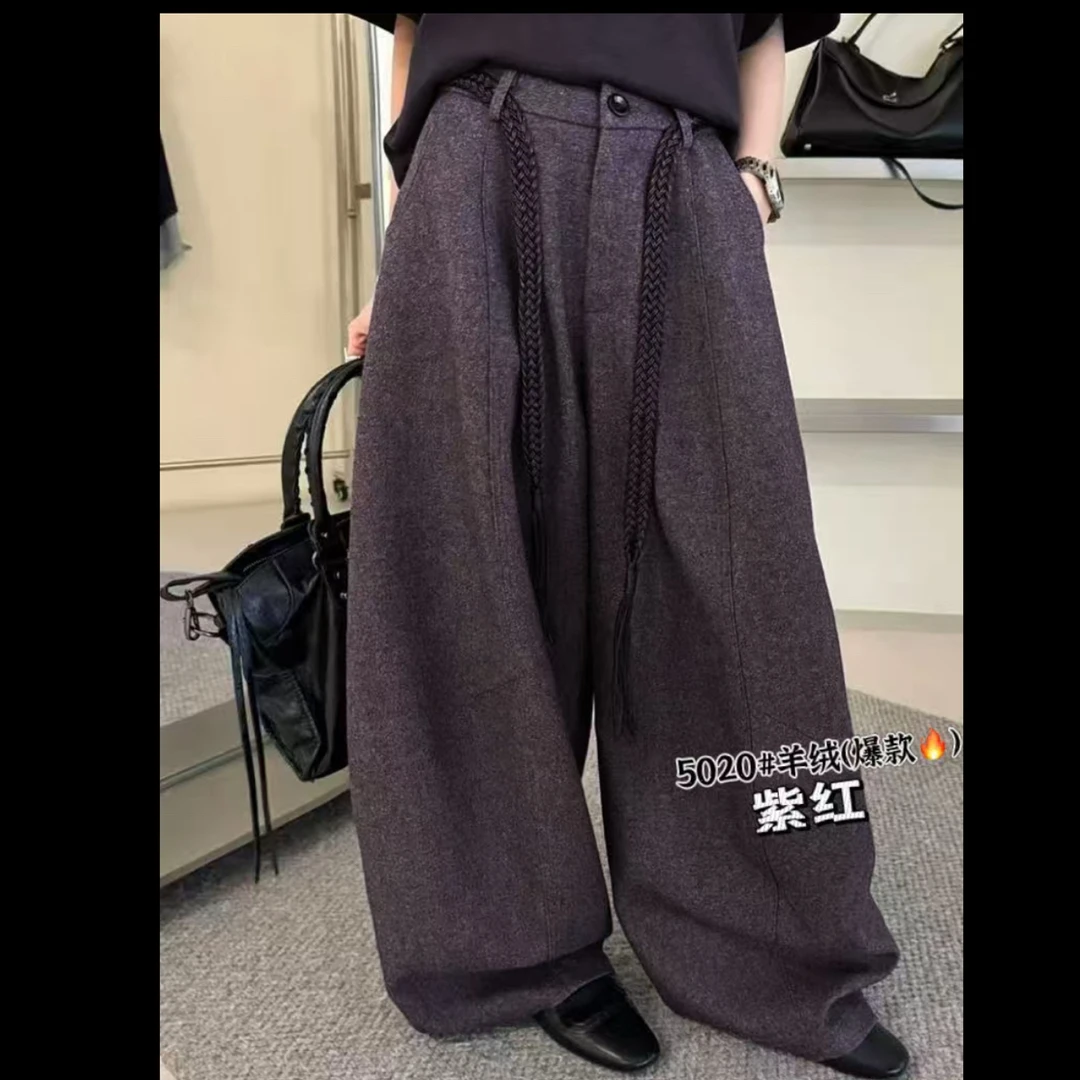 5020#【裤长100】冬季韩版高腰宽松遮肉显瘦弯刀拖地毛呢裤