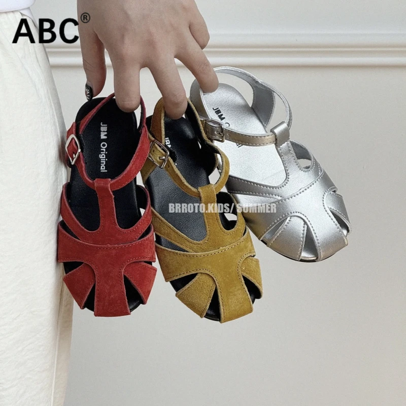 ABC女童凉鞋夏季新款法式复古森系凉鞋女童编织多巴胺镂空公主鞋