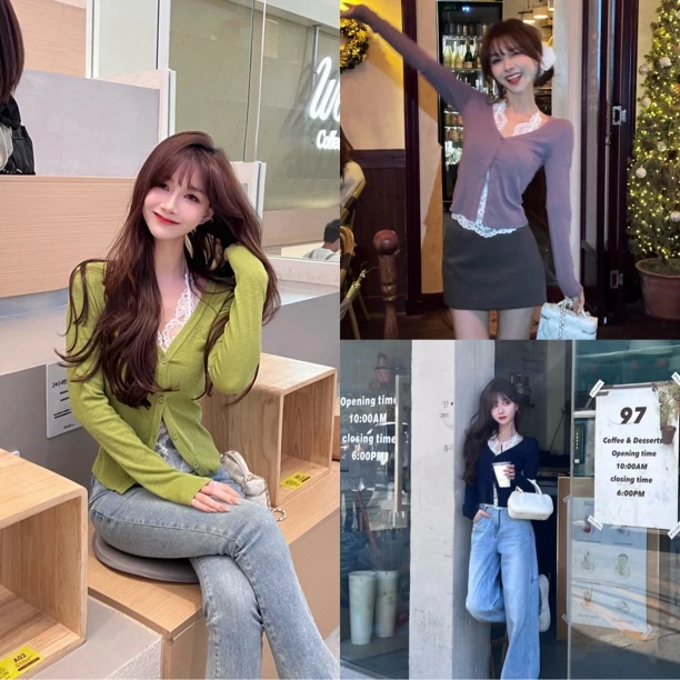 《早春线 纯欲捕手》睫毛蕾丝吊带拼接V领开衫假两件