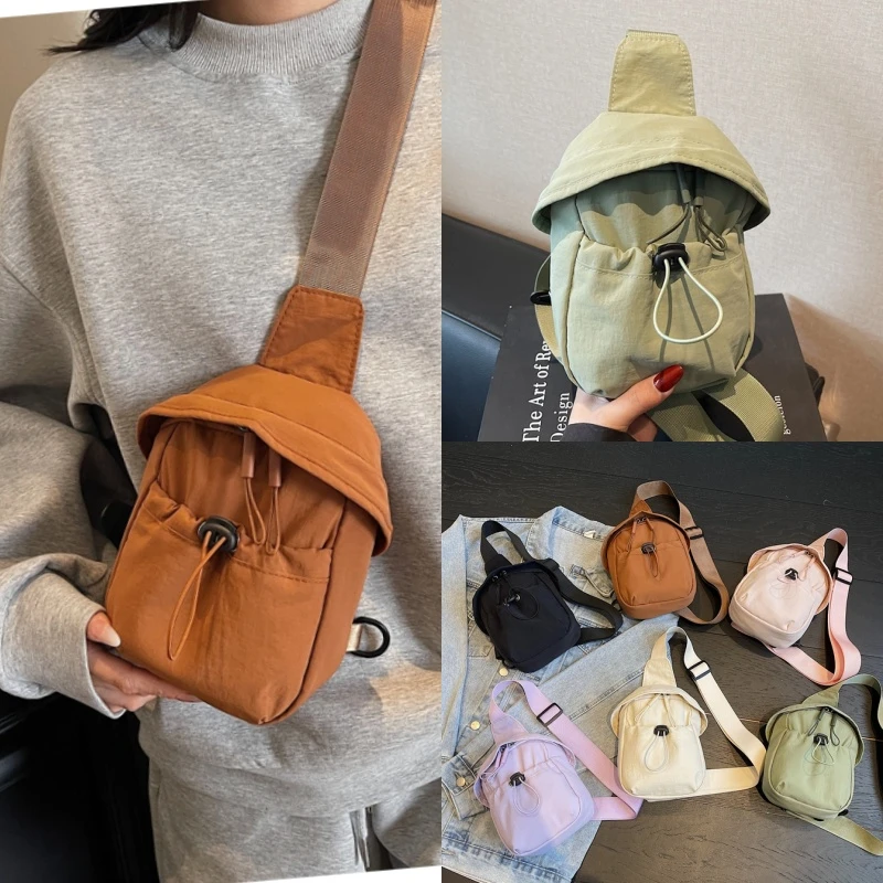 新款户外轻便斜挎包男女新款美拉德风棕色帆布胸包儿童运动手机包