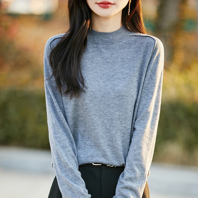 2025春秋新款半高领长袖针织衫女纯色简约通勤时尚薄款内搭打底衫