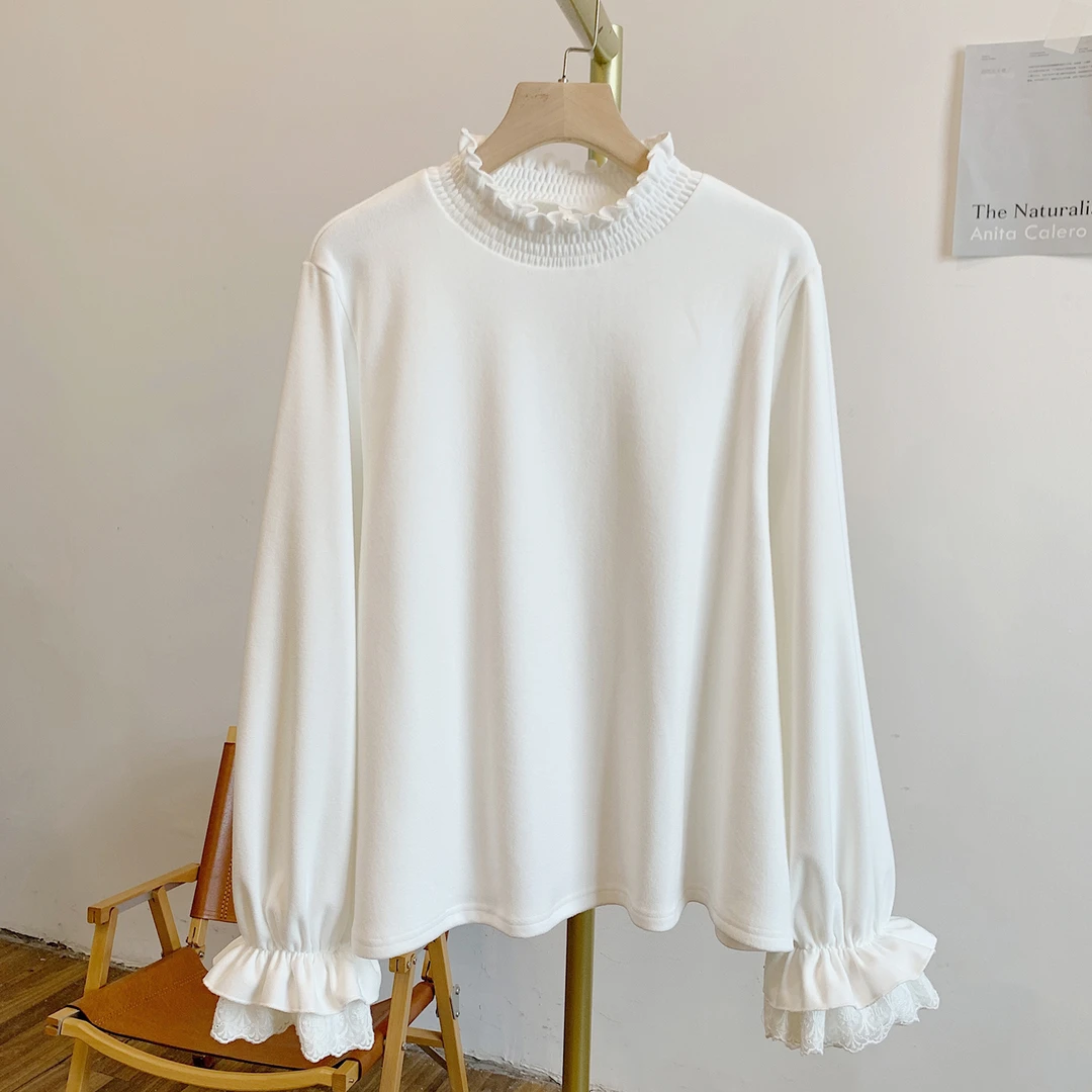 莲花白C4961德绒磨毛双层袖口立领打底T恤