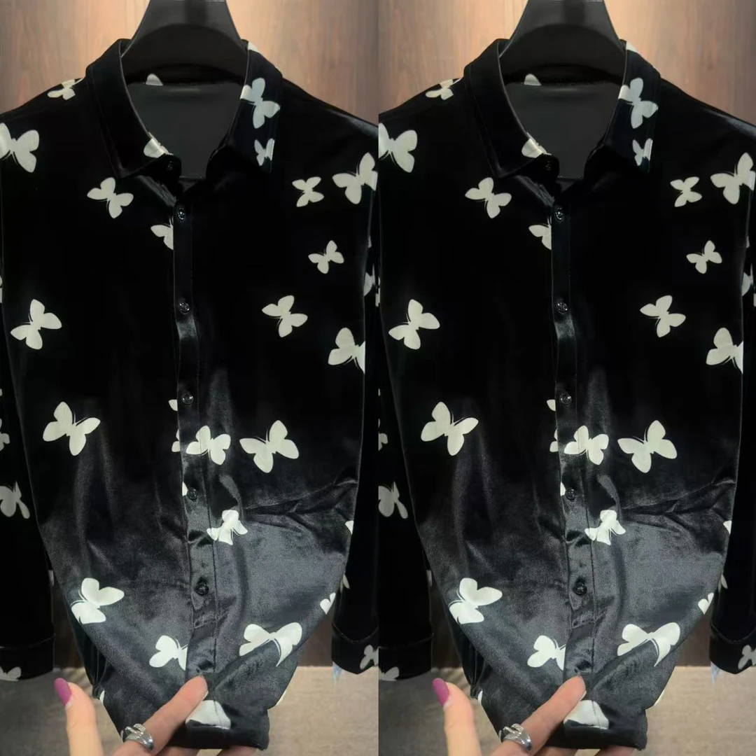 新款男士丝绒醋酸中国风印花时尚轻奢休闲衬衫长袖衬衣