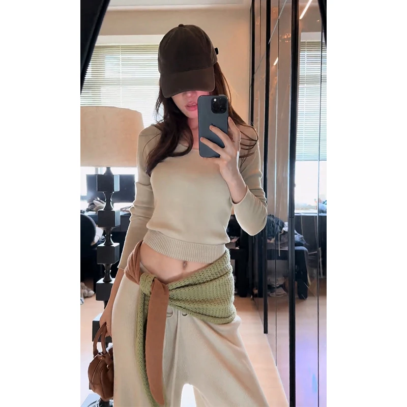 2025早秋新款法式气质修身短款长袖上衣针织披肩高腰系带阔腿长裤