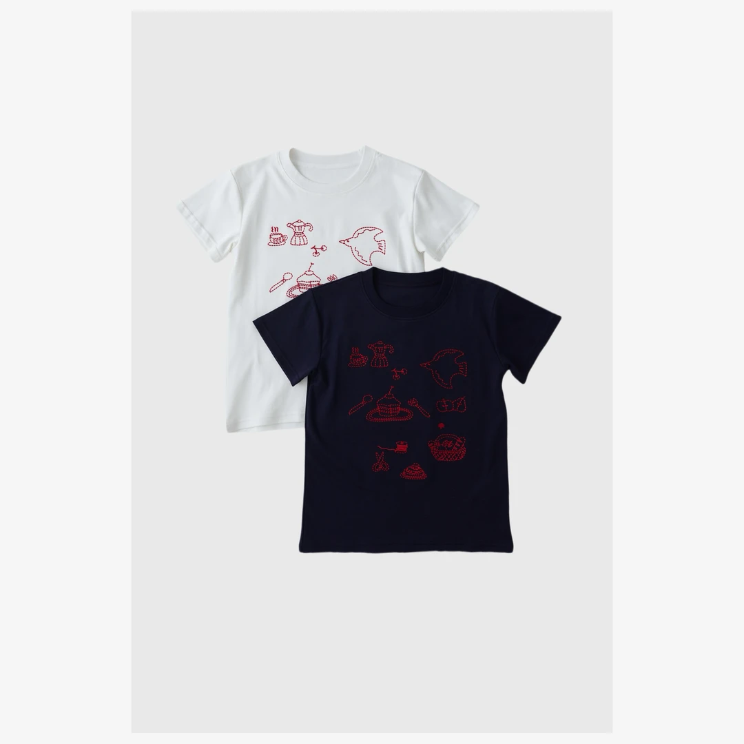 两色重工刺绣圆领短袖T恤