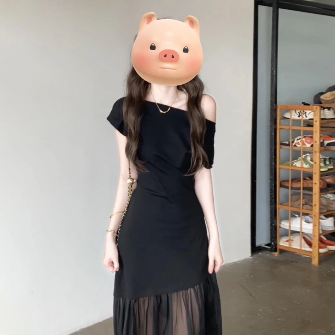 法式高级感一字肩黑色连衣裙子女夏季2025新款赫本风斜肩网纱长裙
