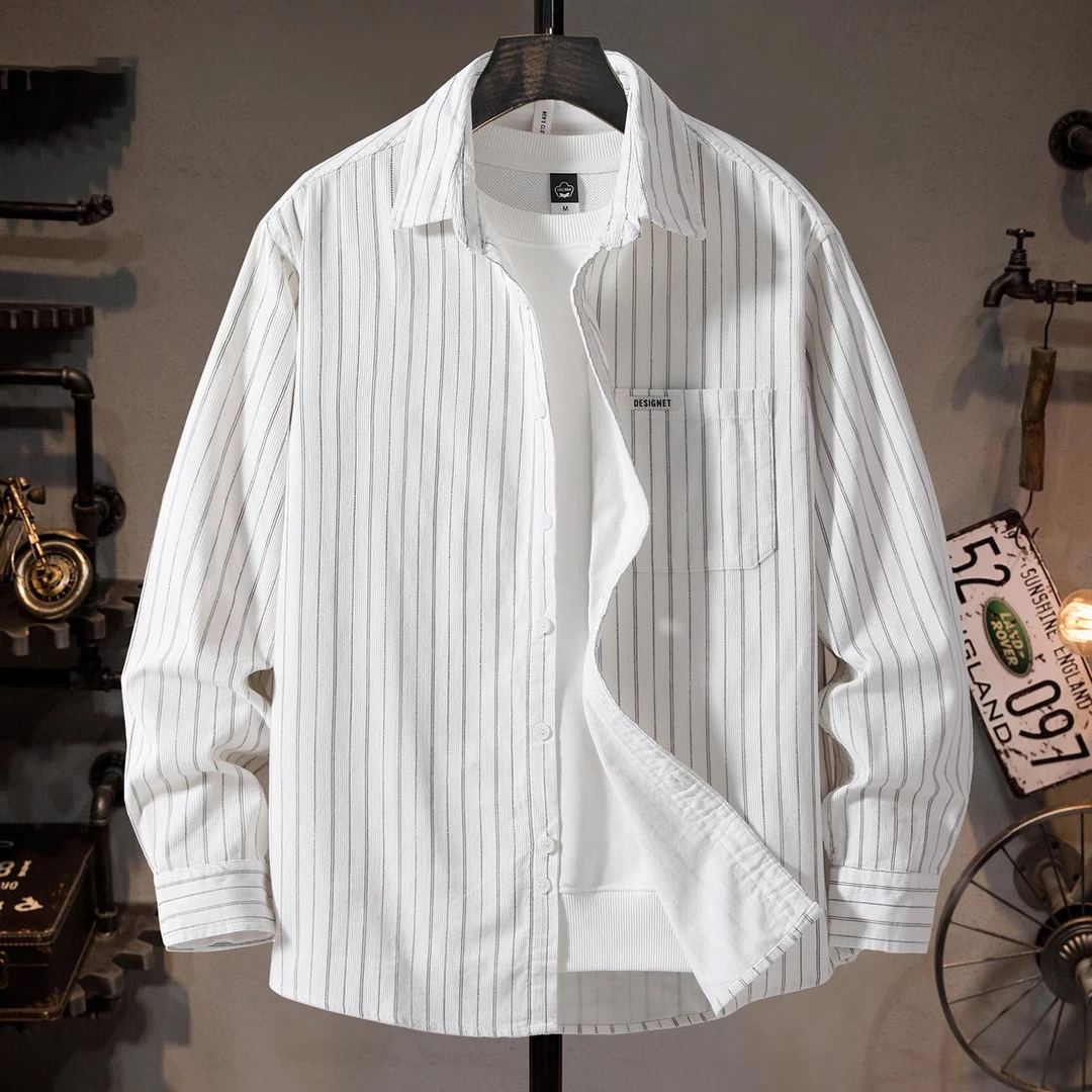 纯棉舒适条纹衬衫男士潮流痞帅高端质感翻领休闲简约百搭长袖衬衣