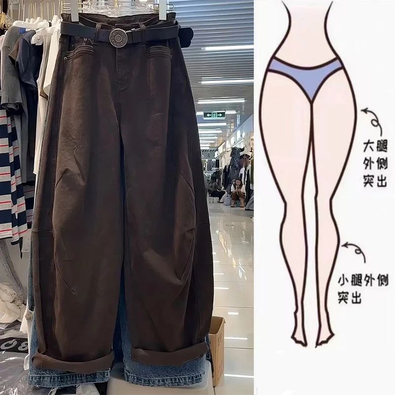 复古咖色休闲裤女秋冬显瘦新款大码宽松显瘦小个子工装直筒阔腿裤