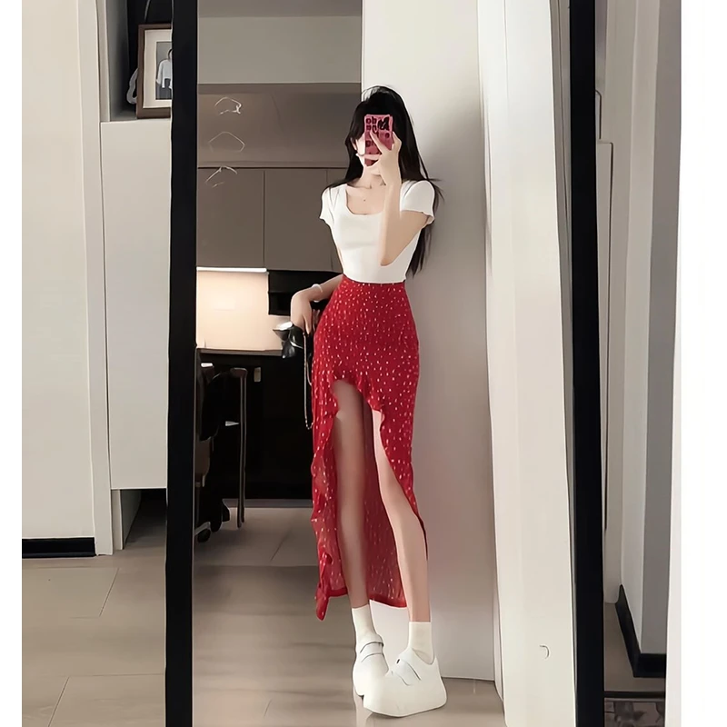 红色碎花半身裙松紧腰半裙高腰开叉裙女夏2025新款欧若风a字长裙