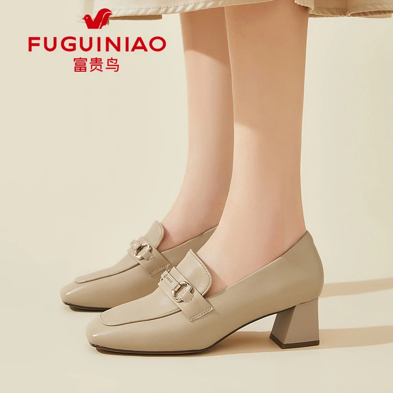 富贵鸟真皮粗跟单鞋女2025新款春秋方头乐福小皮鞋复古中跟高跟鞋