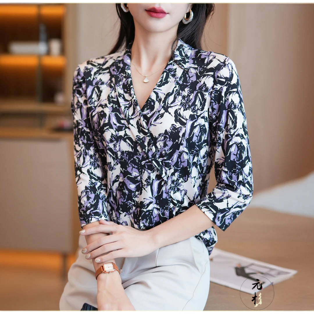 元杉V领印花真丝针织上衣女洋气妈妈装100%桑蚕丝长袖T恤小衫