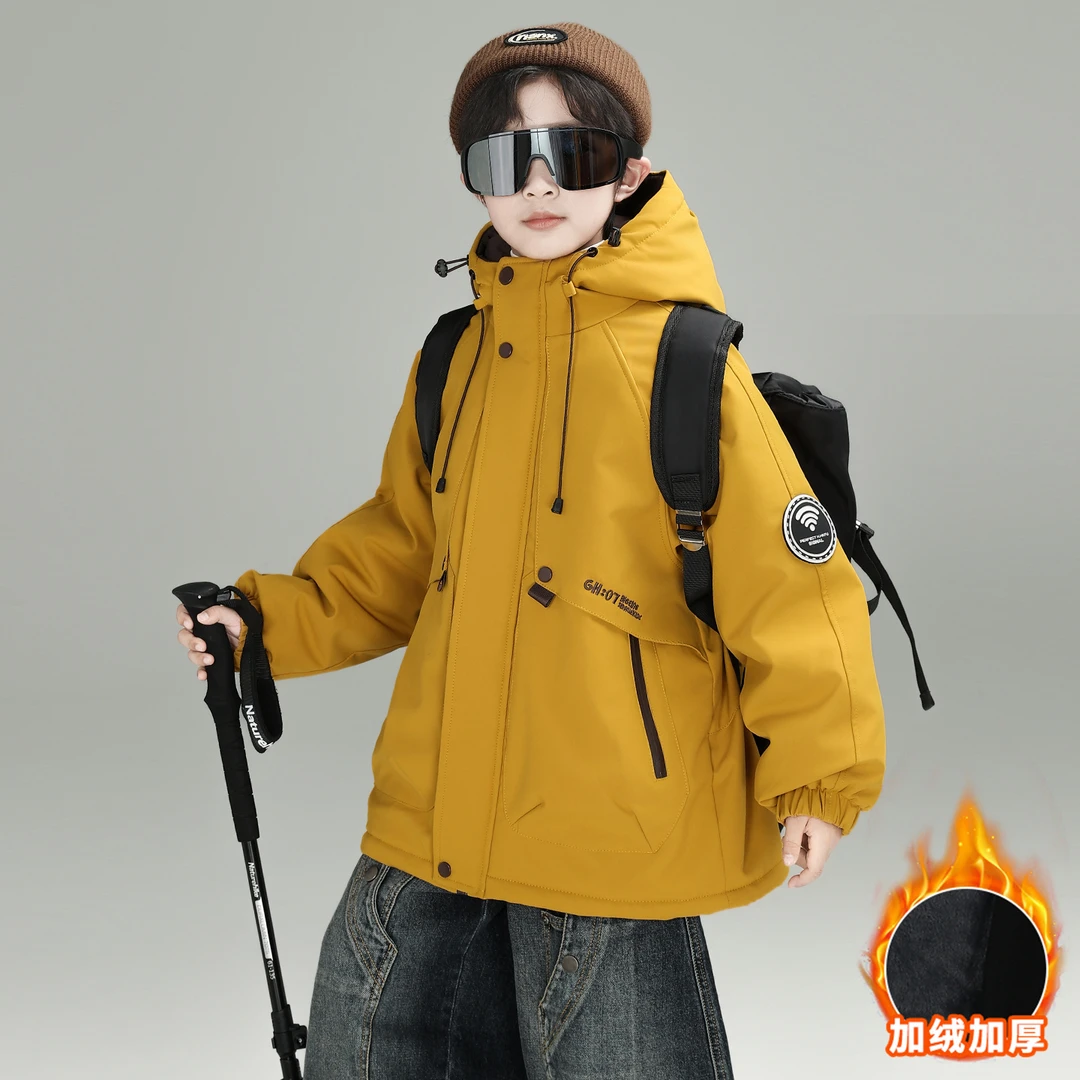 儿童装男童加绒加厚冲锋衣外套秋冬季6-12岁中大童男孩冬装派克服