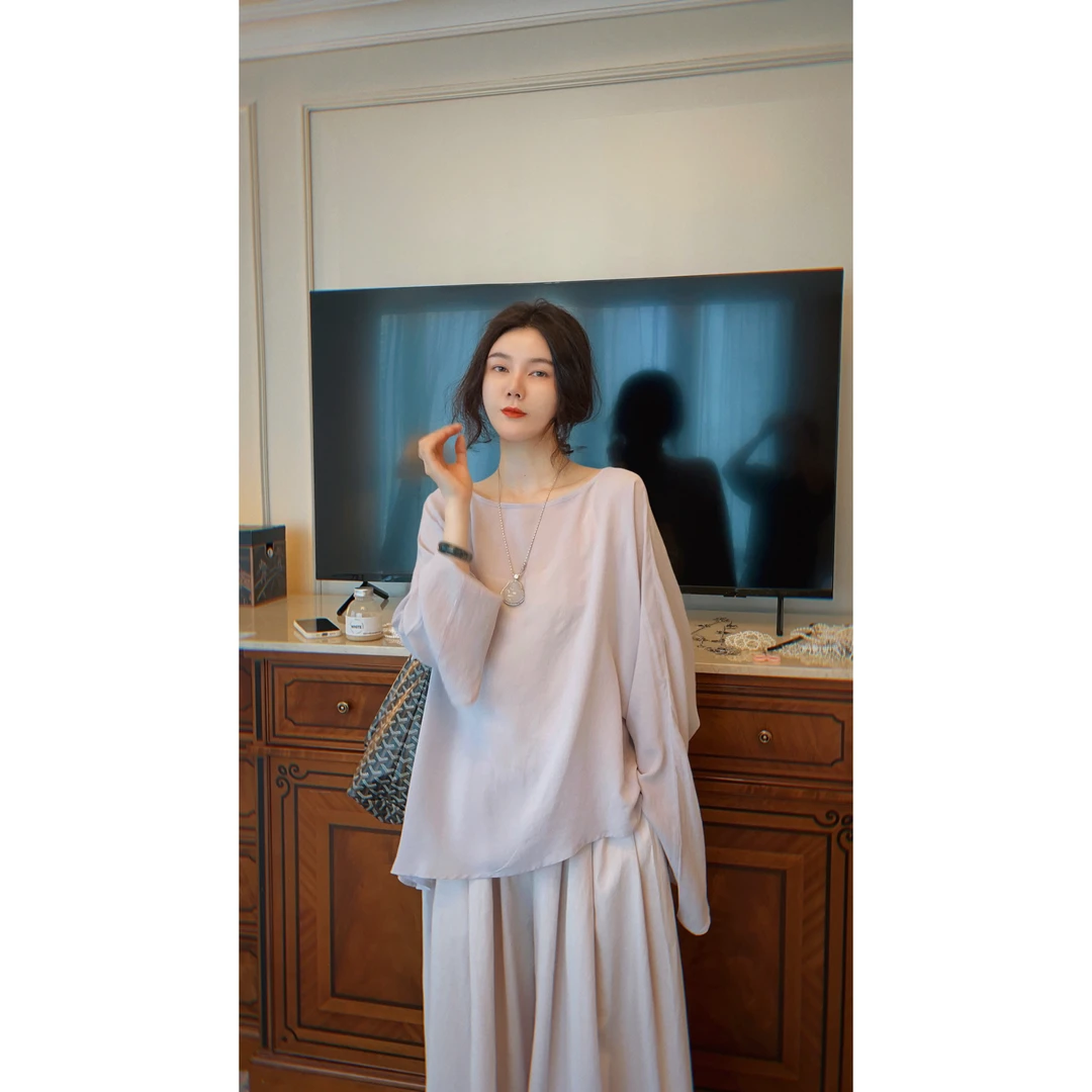 yanyan【晨曦】新款简约不规则蝙蝠袖慵懒风宽松百搭长袖罩衫上衣女