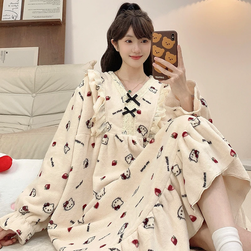 睡裙女士秋冬季法兰绒可爱风蝴蝶结宽松加肥加大码套装保暖家居服