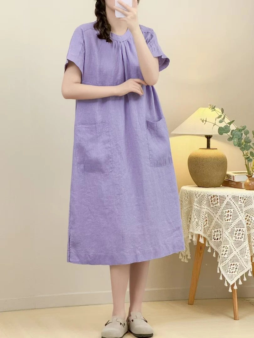 【送牛皮包】纯亚麻短袖连衣裙女百搭夏季法式慵懒风宽松薄袍子长裙