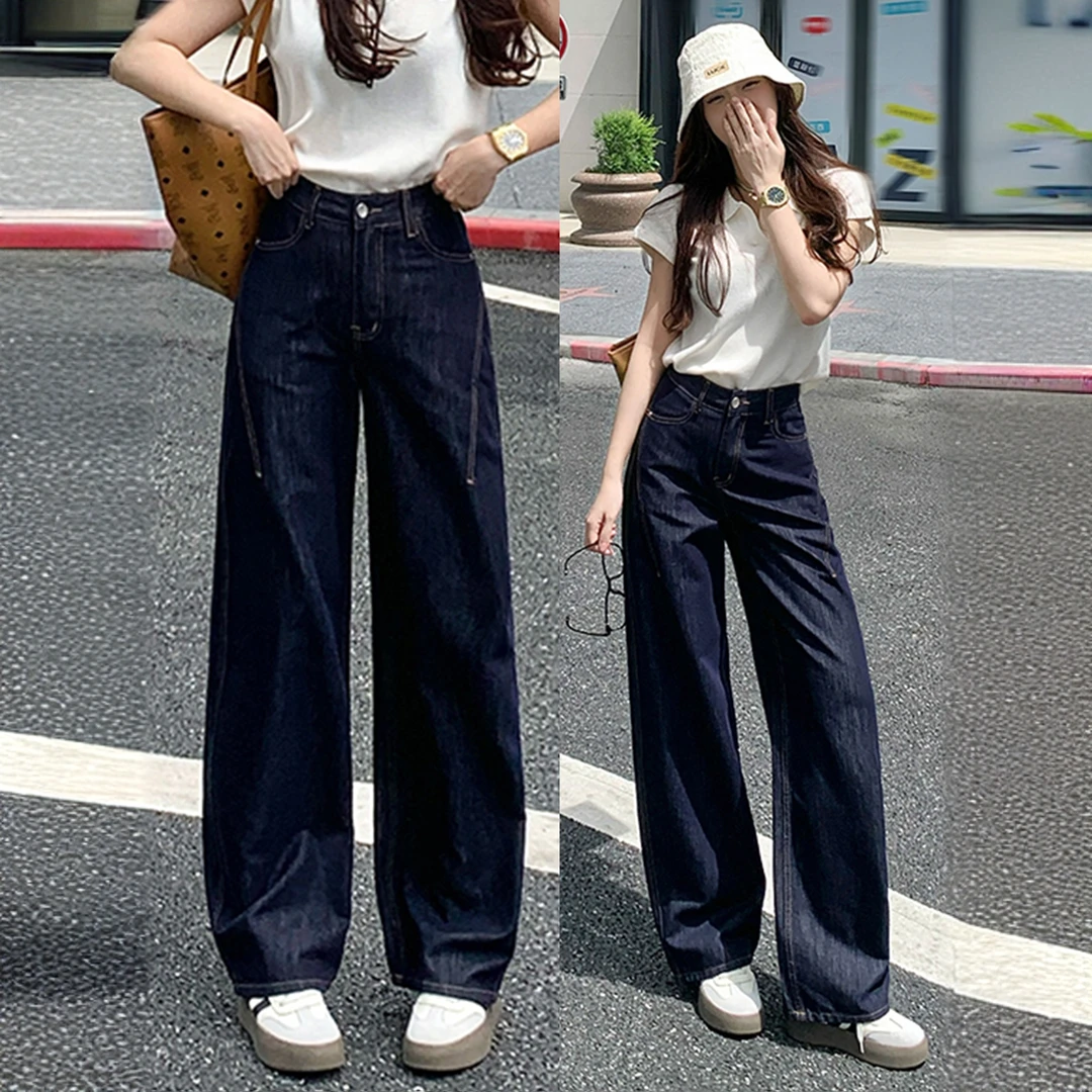 丹宁蓝弯刀牛仔裤女2025年新款高腰宽松长裤春秋季设计感阔腿裤子