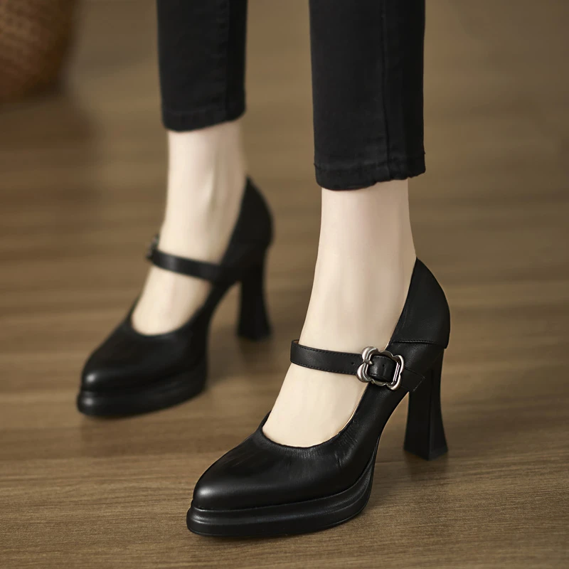 修悦女鞋 羊皮/10cm小个子防水台高跟鞋一字带玛丽珍鞋尖头单鞋