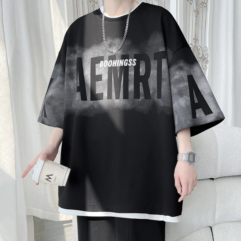 假两件短袖t恤男2025夏季潮流潮牌宽松百搭宽松圆领冰丝半袖体恤