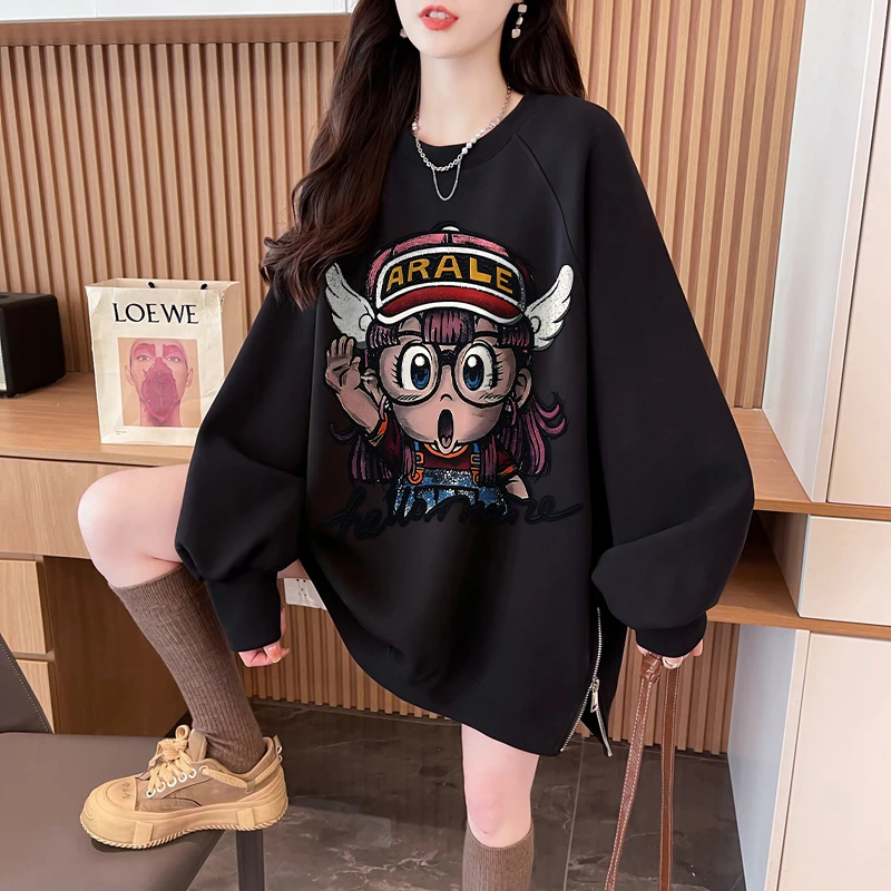 小众设计感不规则开叉卫衣女秋冬爆款韩版宽松中长款卡通印花上衣