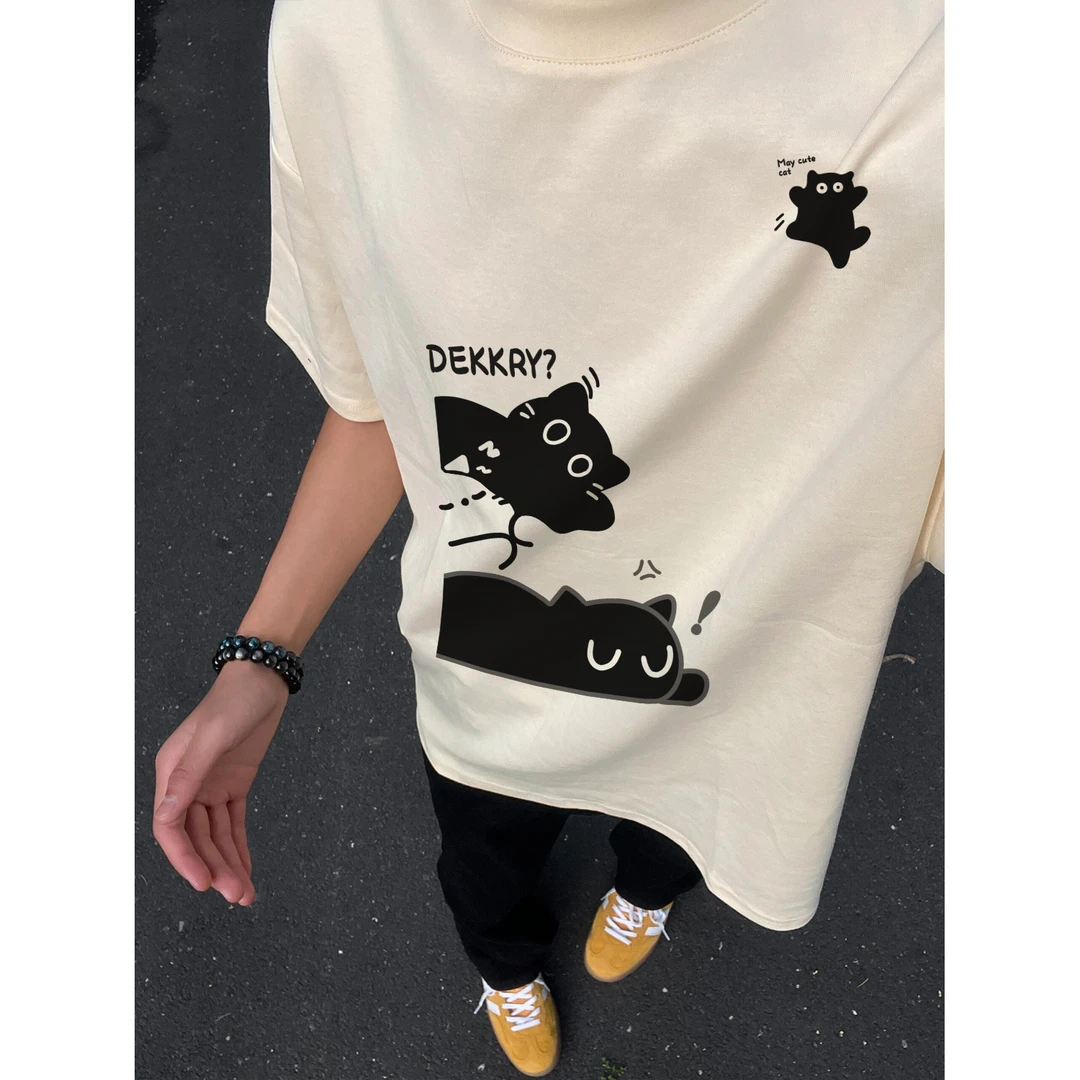 100%纯棉美式潮流三只黑猫印花短袖t恤男女夏季休闲百搭情侣上衣