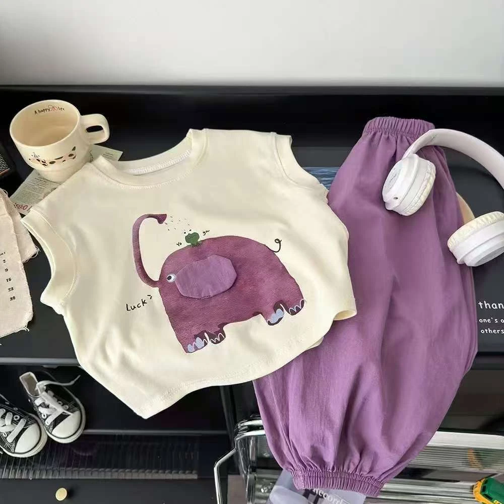 火夏季新款男童女童纯棉韩版卡通儿童背心防蚊裤套装洋气