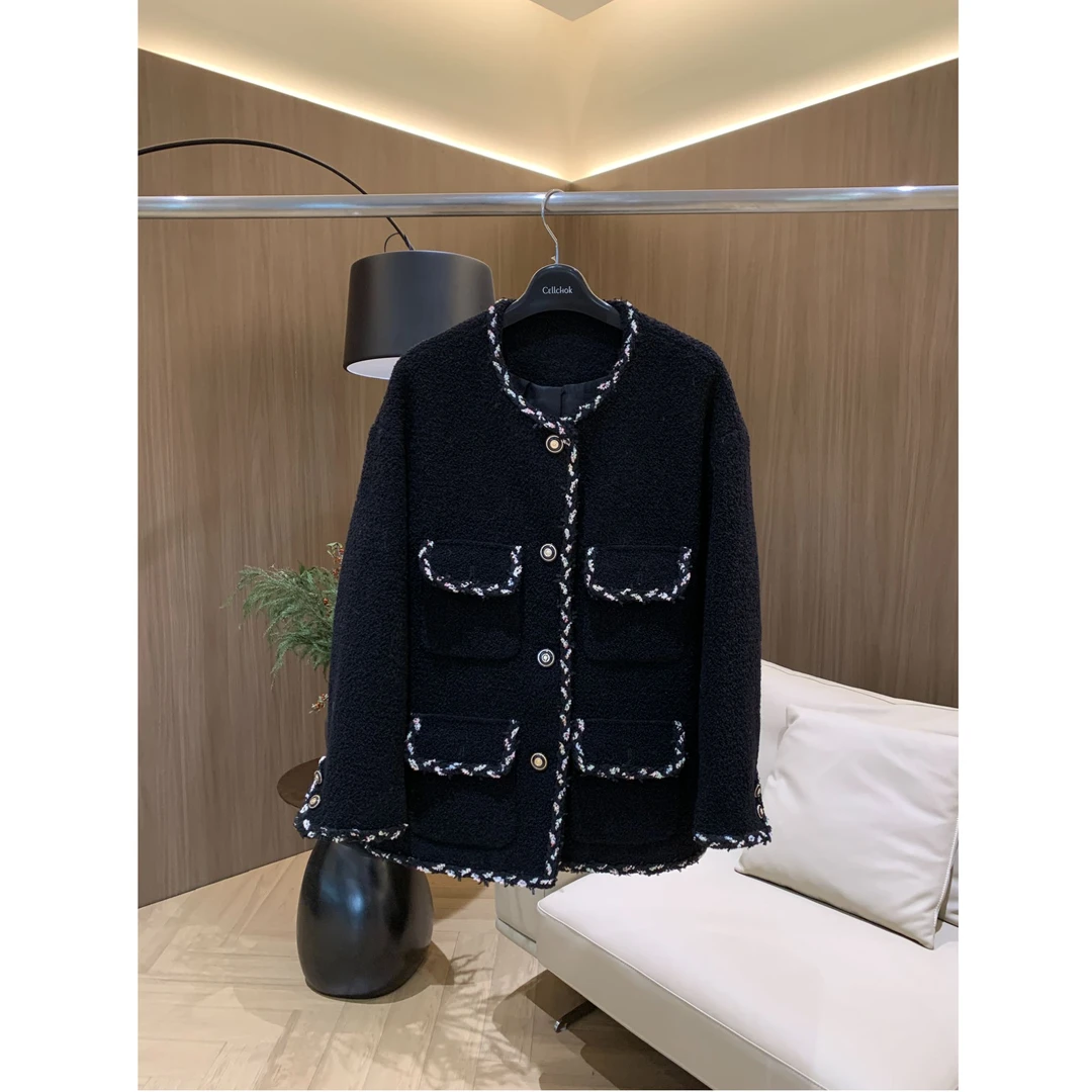 彭剩饭饭2 肌理感粗花呢黑色小香风短外套FANND041