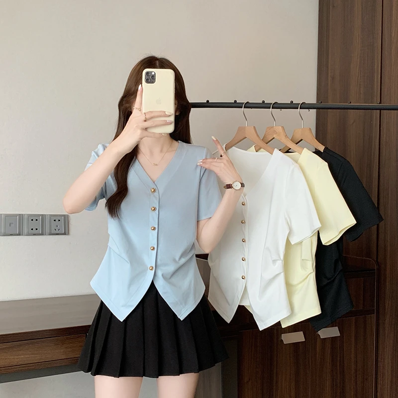 【运补6-10】2025夏装新款女简约休闲v领不规则掐腰短袖T恤35332