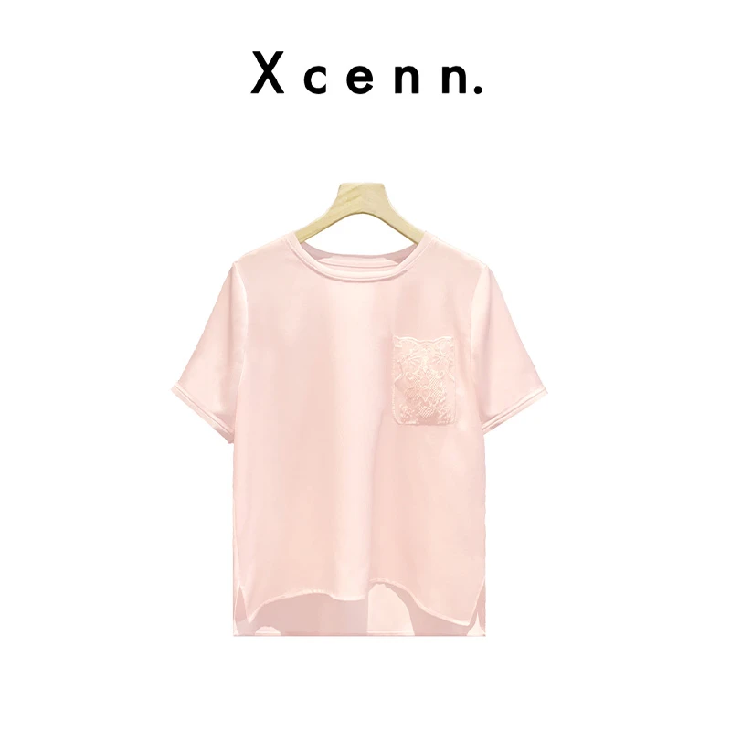 【QC】夏季圆领刺绣印花口袋T恤高端花边短袖上衣XC0A0527 F2