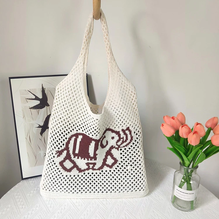 复古毛线针织包包女镂空大象设计手提包简约百搭大容量单肩包