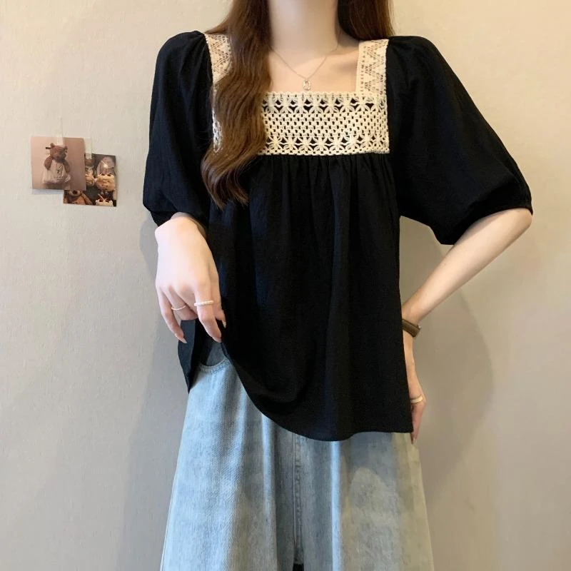 Mm法式蕾丝镂空方领泡泡袖雪纺衬衫女夏大码胖宽松遮肚娃娃衫