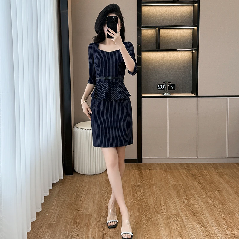 高贵条纹连衣裙气质高级感小众轻奢品质职业装假两件套高档裙子夏