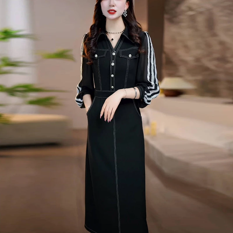 气质纯色打底连衣裙女2025春季新款洋气妈妈装显瘦收腰过膝中长裙