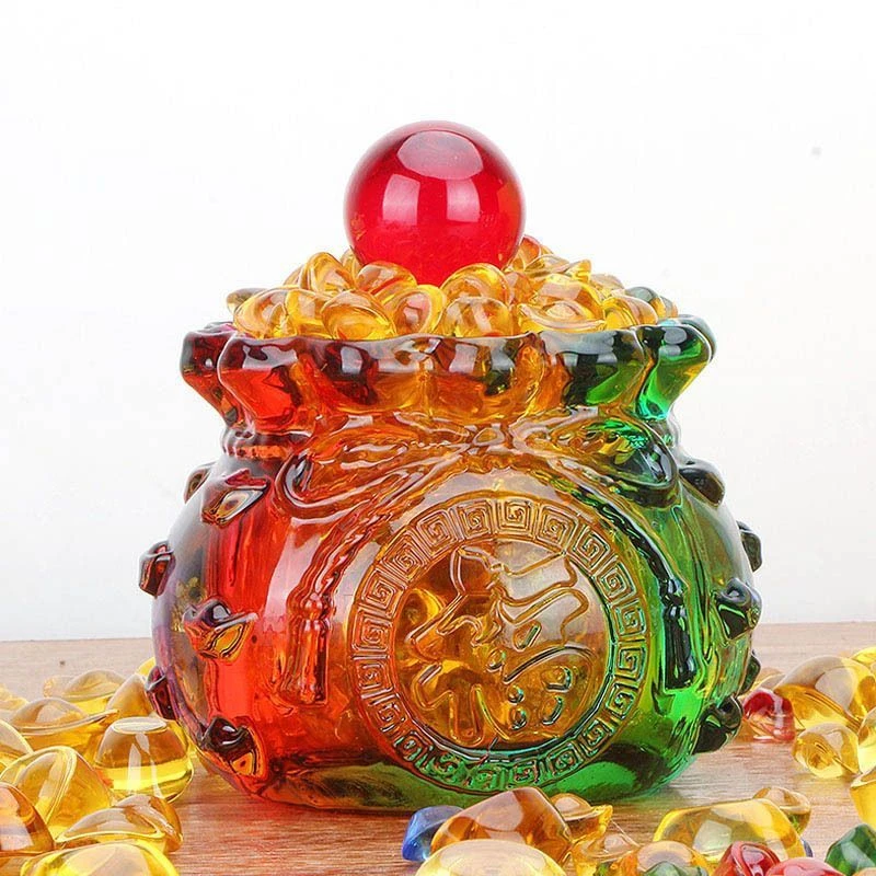 黄水晶招财福袋琉璃招财聚财聚宝盆家居元宝开业办公室礼品摆件