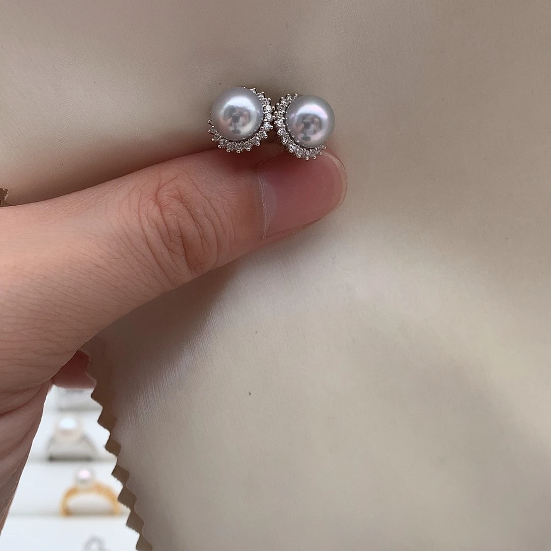 银S925镶嵌海水珍珠耳饰8-8.5mm 真多麻