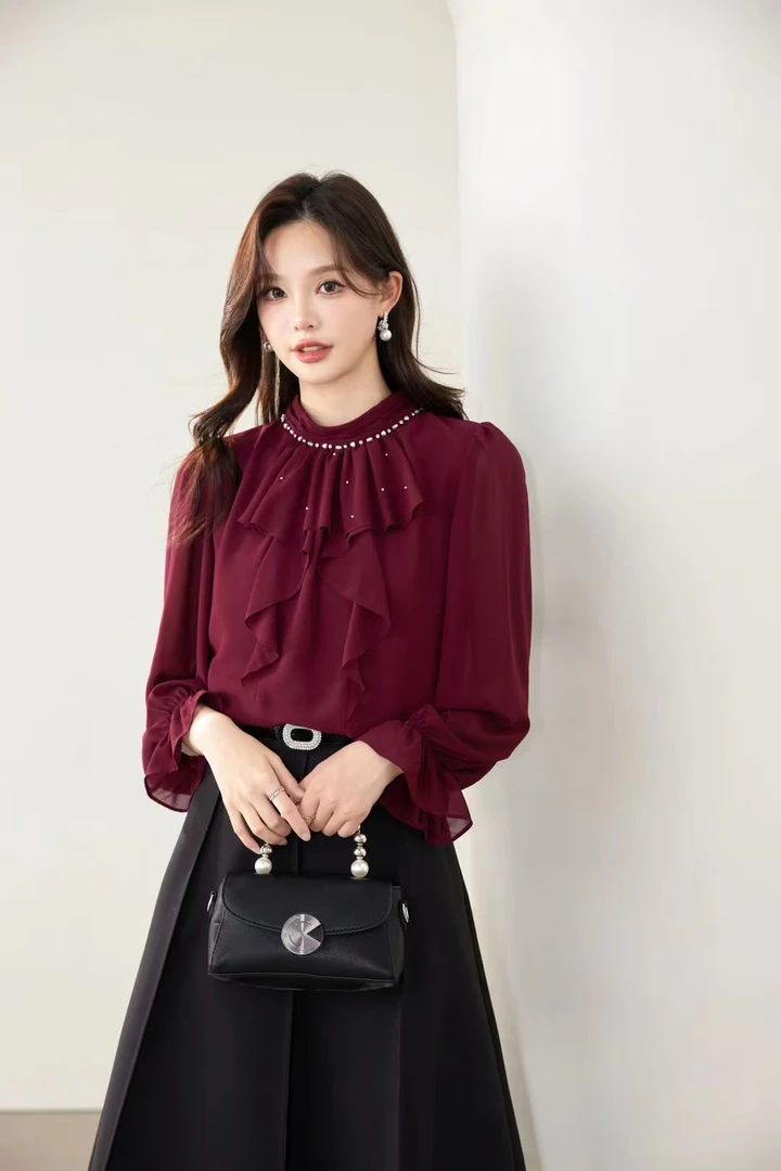 〔怡怡家〕立领荷叶边宽松洋气高级感上衣2532