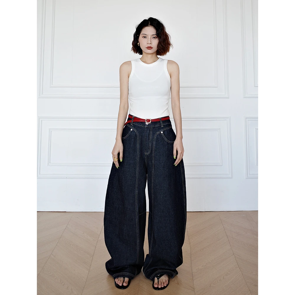 大牌简约百搭时尚显瘦纯色水洗直筒宽松牛仔裤（配腰带）88566J#