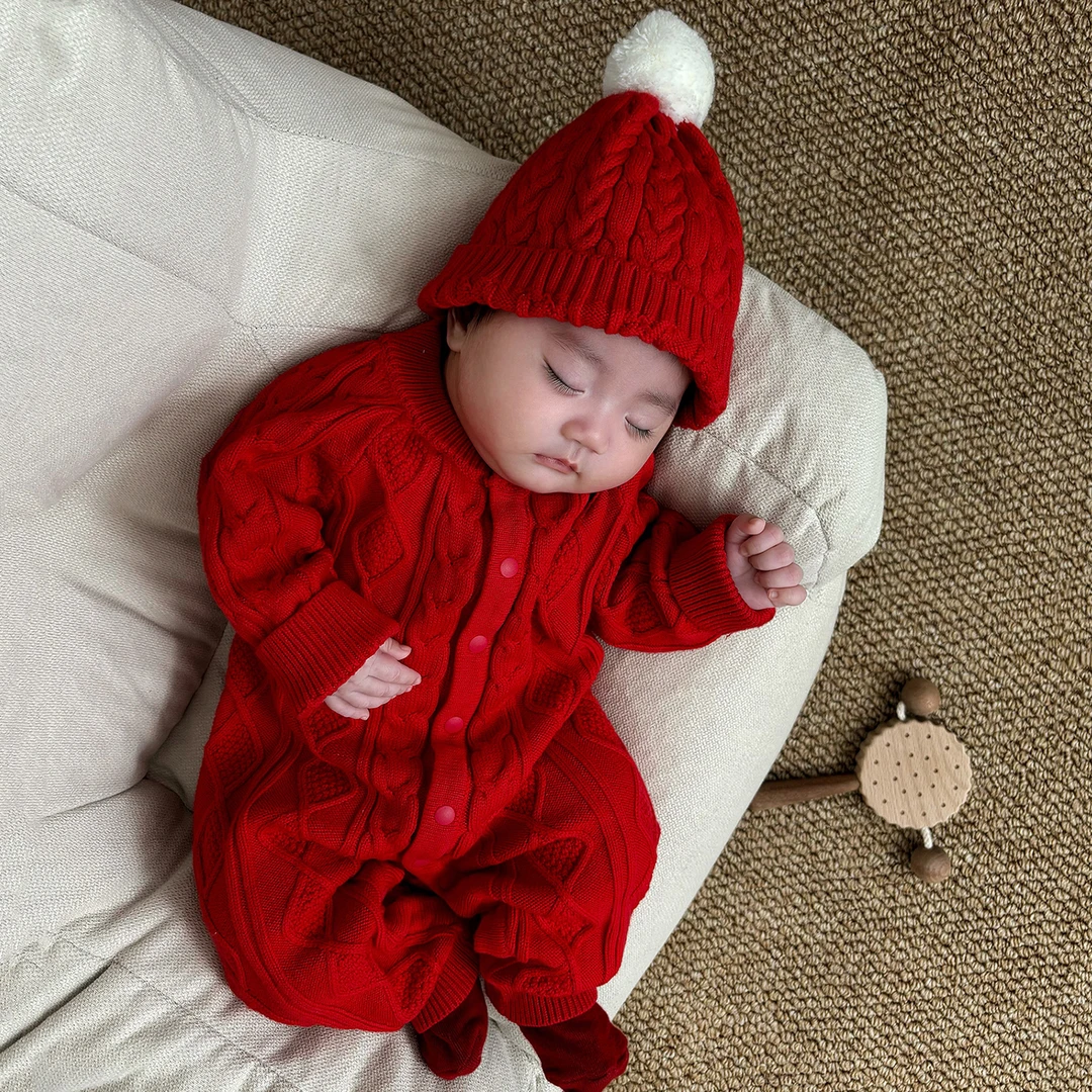 【100%棉】宝宝周岁服婴儿秋冬连体毛衣满月百天红色喜庆过年衣服