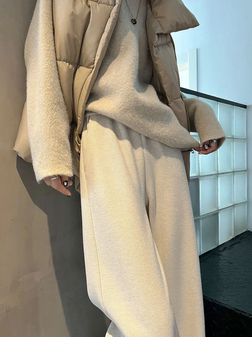 人字纹加厚加绒裤子女秋冬2025新款高腰窄版直筒小个子毛呢阔腿裤
