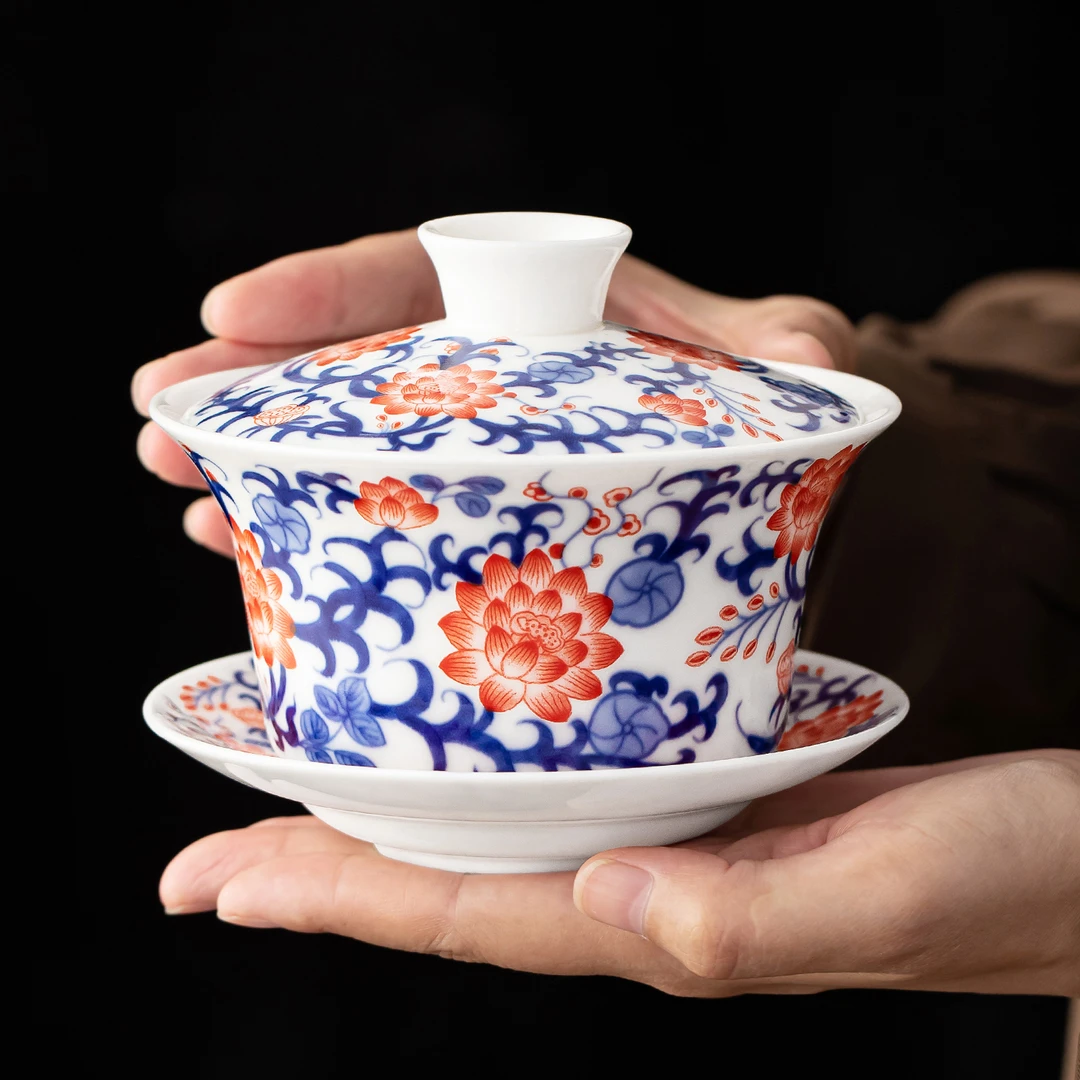 唐仙羊脂玉瓷盖碗茶杯单个家用悬停泡茶碗三件套高档防烫一人茶具