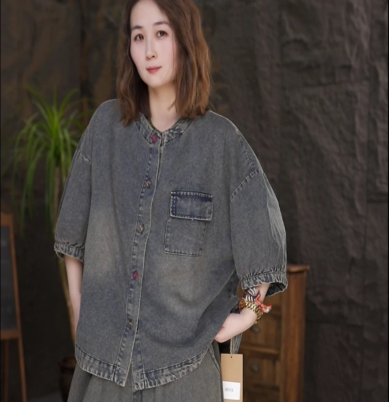 夏季薄款砂洗炒色牛仔外套宽松显瘦短袖上衣女