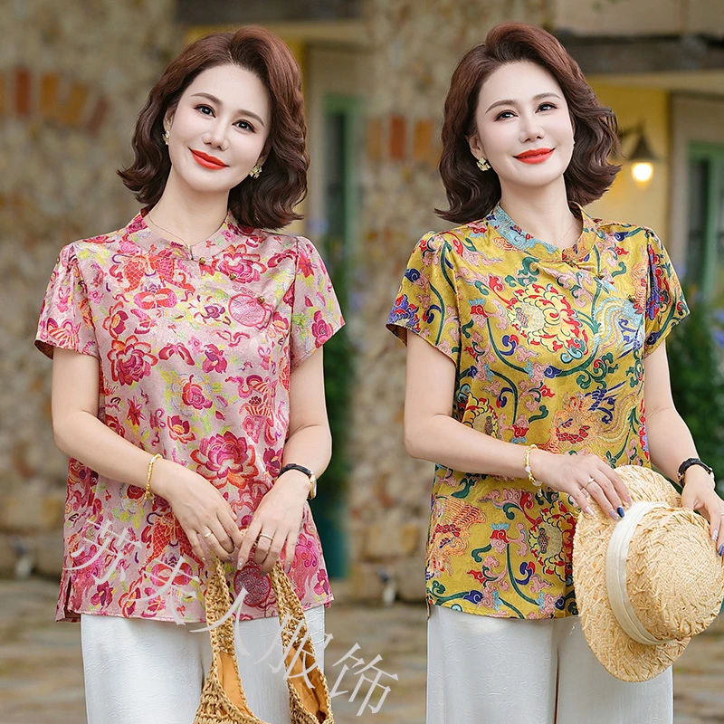 时尚中年妈妈夏装短袖新中式国风上衣中老年女装夏季立领小衫新款